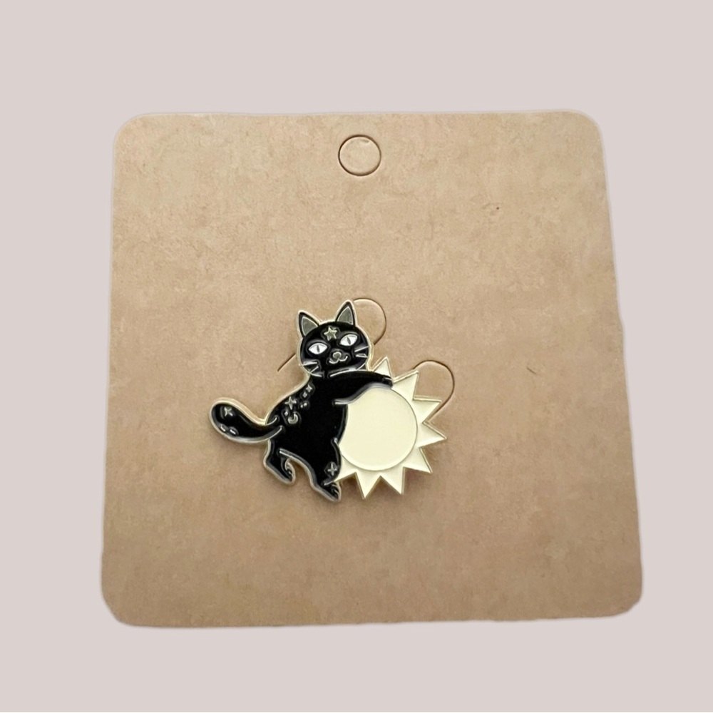 Celestial Cat and Sun Enamel Pin – Mystical Black Cat with Gold Accent